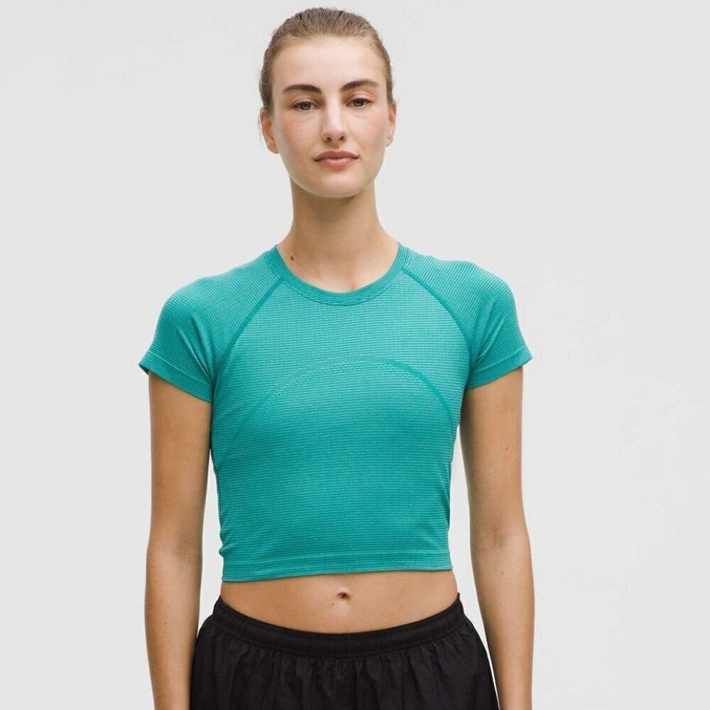 NWT Lululemon Swiftly Tech Cropped Short-Sleeve Shirt 2.0 - 12 Stripe Sonic Teal